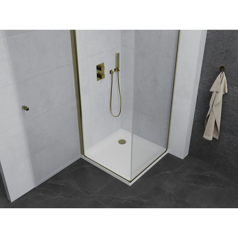 Mexen Pretoria cabine de douche pivotante 80 x 80 cm, transparente, or + receveur plat - 852-080-080-50-00-4010