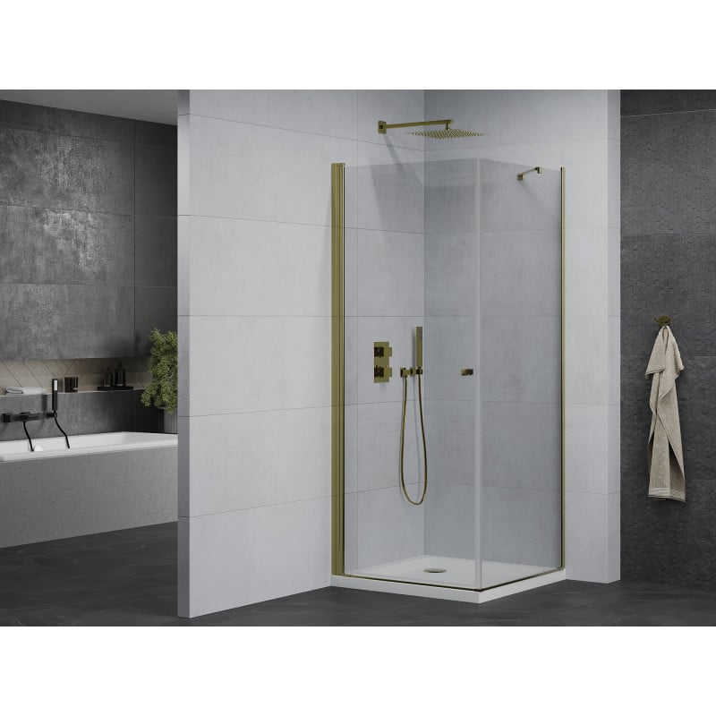 Mexen Pretoria cabine de douche pivotante 80 x 80 cm, transparente, or + receveur plat - 852-080-080-50-00-4010
