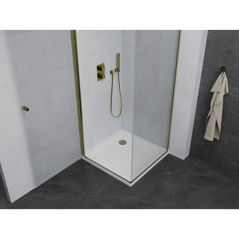 Mexen Pretoria cabine de douche battante 90 x 90 cm, transparente, dorée + receveur de douche Flat - 852-090-090-50-00-4010