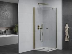 Mexen Pretoria cabine de douche pivotante 90 x 90 cm, transparent, doré + receveur plat - 852-090-090-50-00-4010