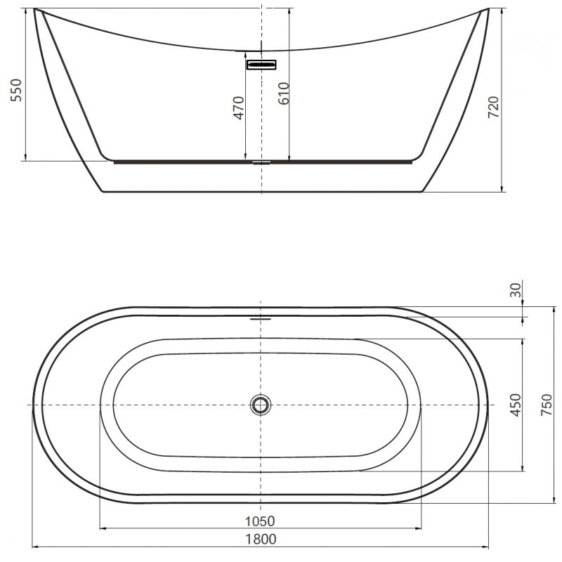 Mexen Lotos baignoire autoportante 180 x 75 cm, blanc/noir, trop-plein noir - 52051807775-70
