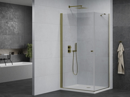 Mexen Pretoria paroi de douche pivotante 80 x 90 cm, transparent, dorée + receveur Flat - 852-080-090-50-00-4010