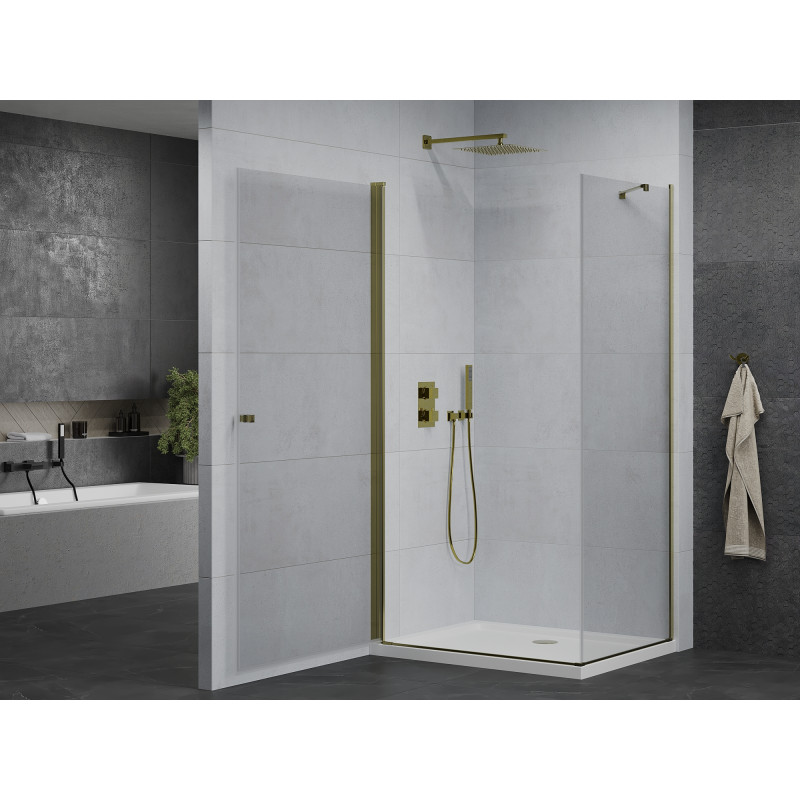 Mexen Pretoria cabine de douche pivotante 90 x 70 cm, transparente, dorée + receveur Flat - 852-090-070-50-00-4010