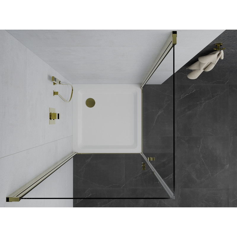 Mexen Pretoria Cabine de douche duo à charnière 80 x 80 cm, transparente, dorée + bac à douche plat