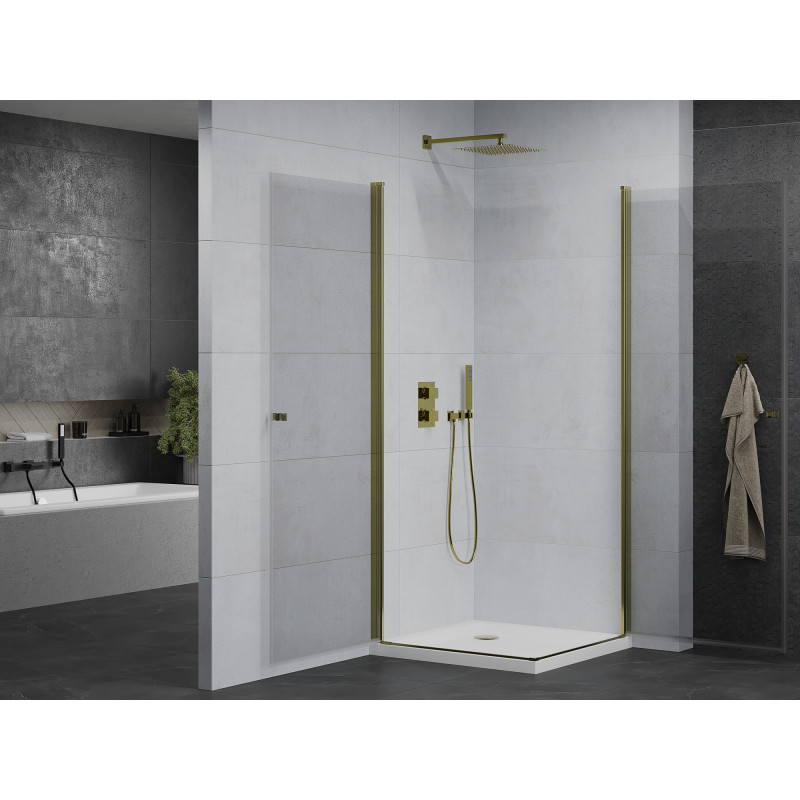 Mexen Pretoria Cabine de douche duo à charnière 80 x 80 cm, transparente, dorée + bac à douche plat
