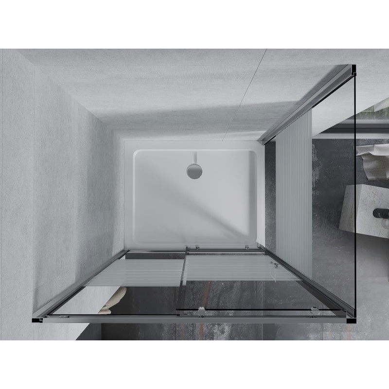 Mexen Apia cabine de douche coulissante 90 x 80 cm, bandes blanches, chrome + receveur Flat - 840-090-080-01-20-4010