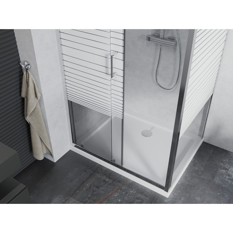 Mexen Apia cabine de douche coulissante 110 x 80 cm, bandes blanches, chrome + receveur plat - 840-110-080-01-20-4010