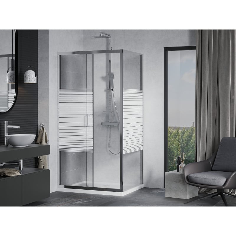 Mexen Apia cabine de douche coulissante 110 x 90 cm, bandes blanches, chrome + receveur plat - 840-110-090-01-20-4010