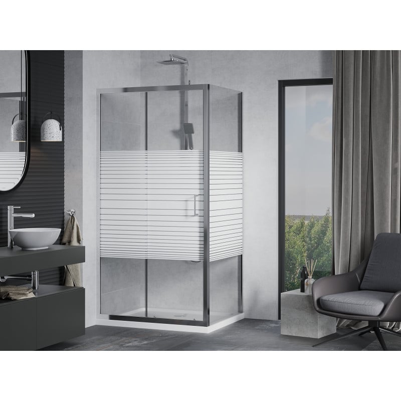 Mexen Apia cabine de douche coulissante 110 x 90 cm, bandes blanches, chrome + receveur plat - 840-110-090-01-20-4010