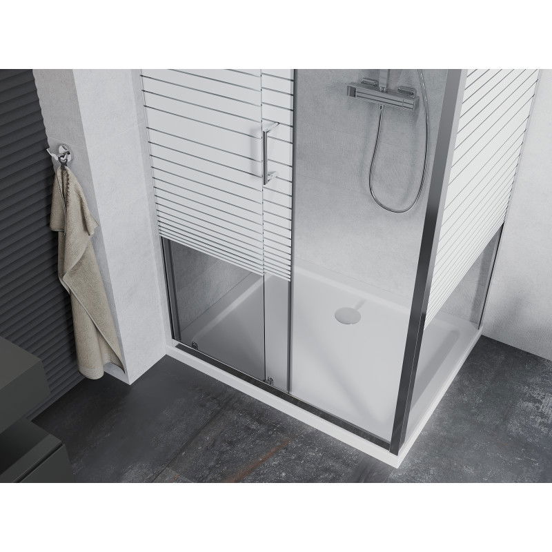 Mexen Apia cabine de douche coulissante 130 x 90 cm, bandes blanches, chromé + receveur Flat - 840-130-090-01-20-4010