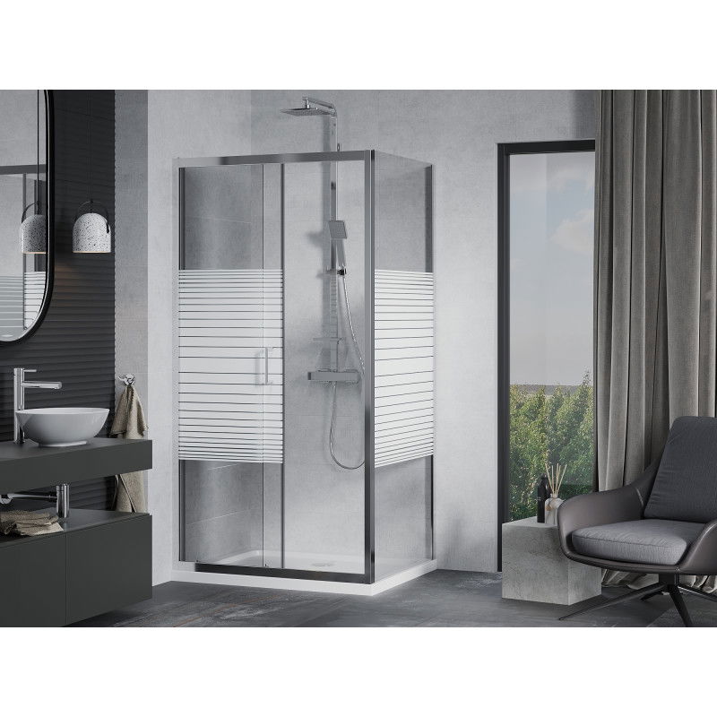 Mexen Apia cabine de douche coulissante 140 x 70 cm, bandes blanches, chrome + receveur plat - 840-140-070-01-20-4010