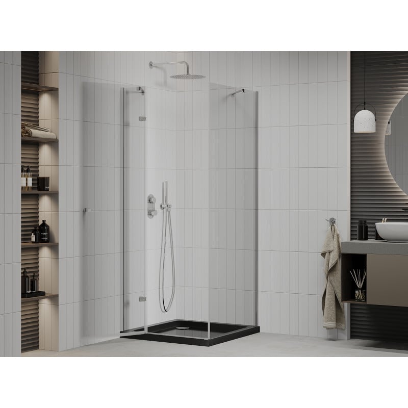 Mexen Roma cabine de douche pivotante 80 x 80 cm, transparent, chrome + receveur Flat, noir - 854-080-080-01-00-4070