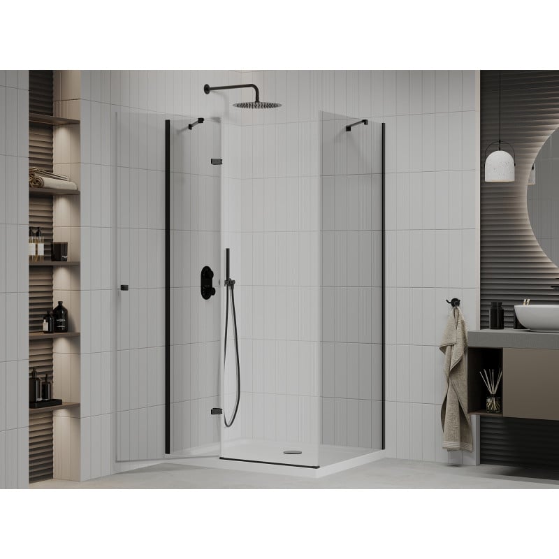 Mexen Roma cabine de douche pivotante 110 x 100 cm, transparente, noire + receveur Flat, blanc - 854-110-100-70-00-4010B