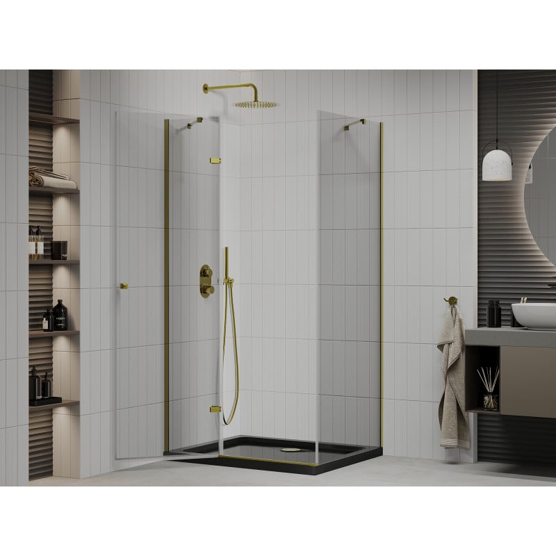 Mexen Roma cabine de douche pivotante 100 x 90 cm, transparente, dorée + receveur Flat, noir - 854-100-090-50-00-4070G