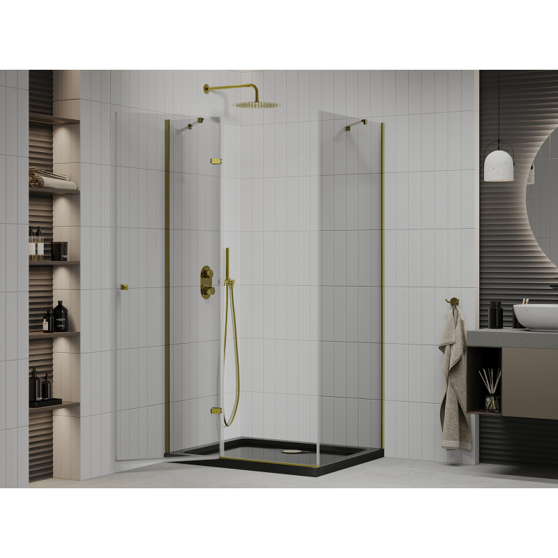 Mexen Roma cabine de douche pivotante 80 x 100 cm, transparente, or + receveur Flat, noir - 854-080-100-50-00-4070G