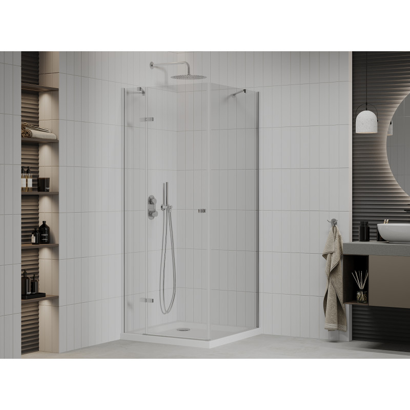 Mexen Roma cabine de douche battante 100 x 100 cm, transparente, chromée + receveur Flat - 854-100-100-01-00-4010