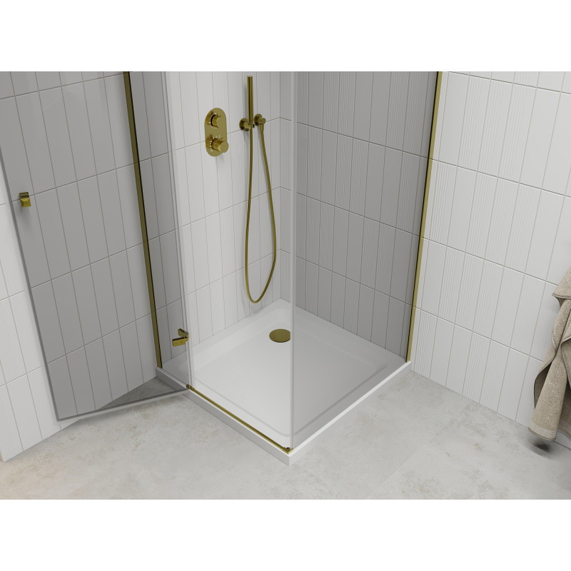 Mexen Roma cabine de douche pivotante 80 x 80 cm, transparente, dorée + receveur Flat - 854-080-080-50-00-4010