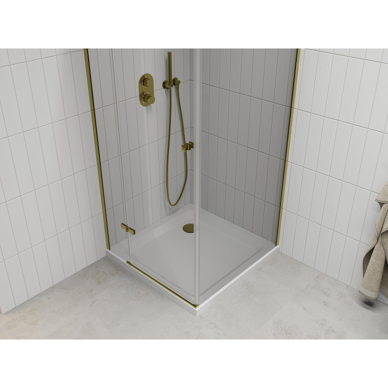Mexen Roma cabine de douche pivotante 90 x 90 cm, transparente, dorée + bac à douche Flat - 854-090-090-50-00-4010