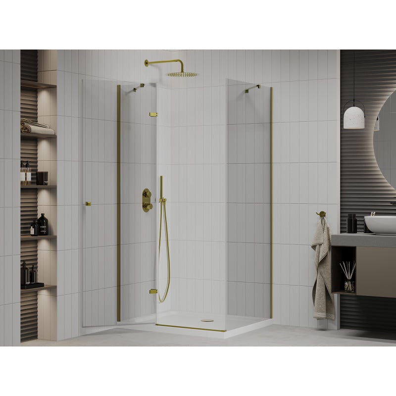 Mexen Roma cabine de douche à charnière 90 x 70 cm, transparente, or + bac à douche plat - 854-090-070-50-00-4010