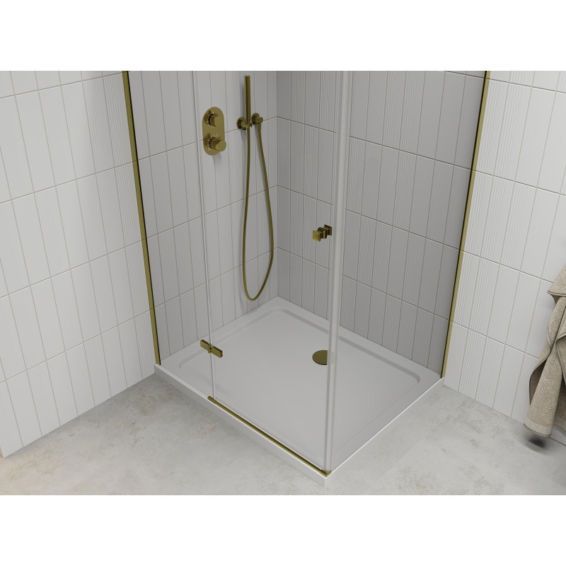 Mexen Roma cabine de douche battante 90 x 100 cm, transparent, dorée + bac de douche Flat - 854-090-100-50-00-4010