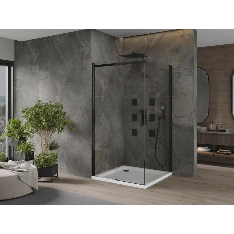 Mexen Omega cabine de douche coulissante 100 x 100 cm, transparent, noir + receveur de douche Flat, blanc