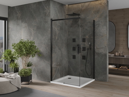 Mexen Omega cabine de douche coulissante 100 x 100 cm, transparent, noir + receveur de douche Flat, blanc