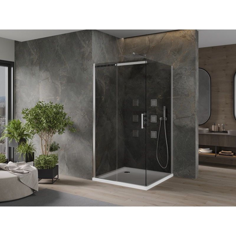 Mexen Omega cabine de douche coulissante 100 x 100 cm, graphite, chrome + receveur Flat, blanc - 825-100-100-01-40-4010