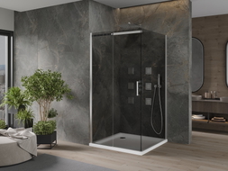Mexen Omega cabine de douche coulissante 100 x 100 cm, graphite, chrome + receveur Flat, blanc - 825-100-100-01-40-4010