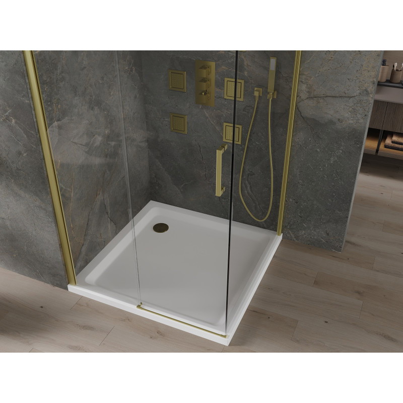 Mexen Omega cabine de douche coulissante 100 x 100 cm, transparente, dorée + receveur plat - 825-100-100-50-00-4010