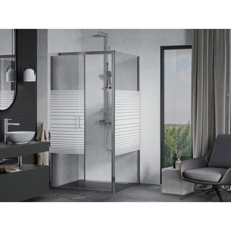 Mexen Apia cabine de douche coulissante 90 x 90 cm, bandes blanches, chrome - 840-090-090-01-20
