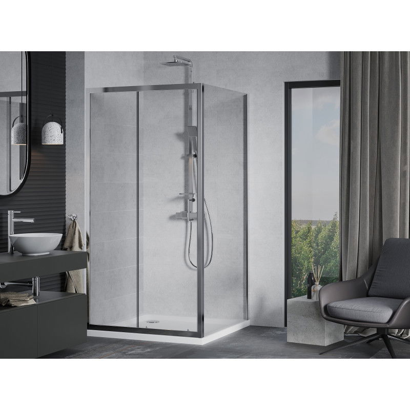 Mexen Apia cabine de douche coulissante 90 x 90 cm, transparente, chrome + receveur Flat - 840-090-090-01-00-4010
