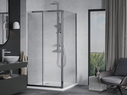 Cabine de douche coulissante Mexen Apia 90 x 90 cm, transparent, chrome + receveur Flat - 840-090-090-01-00-4010