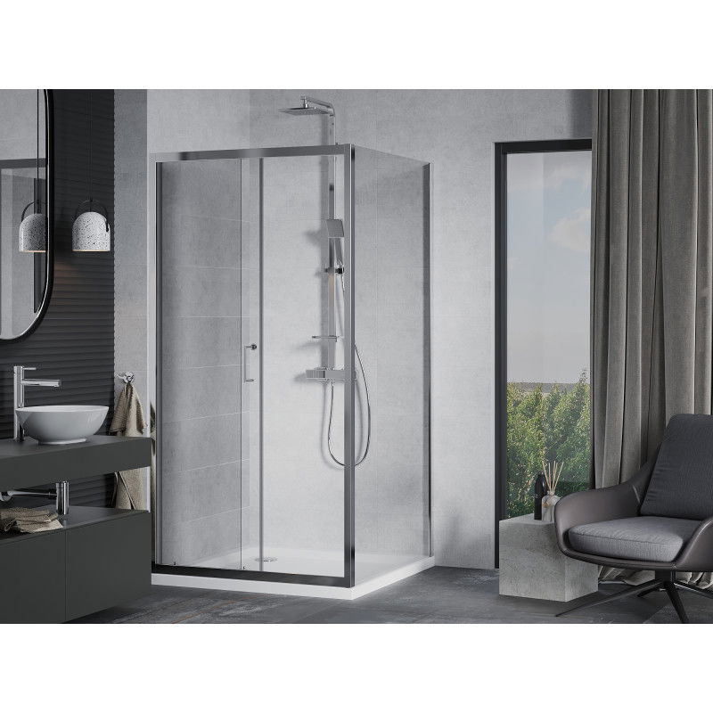 Mexen Apia cabine de douche coulissante 90 x 90 cm, transparente, chrome + receveur Flat - 840-090-090-01-00-4010