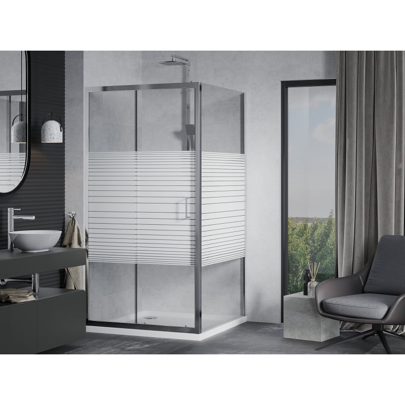 Mexen Apia cabine de douche coulissante 90 x 90 cm, bandes blanches, chrome + receveur plat - 840-090-090-01-20-4010