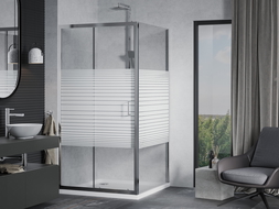 Mexen Apia cabine de douche coulissante 90 x 90 cm, bandes blanches, chrome + receveur plat - 840-090-090-01-20-4010