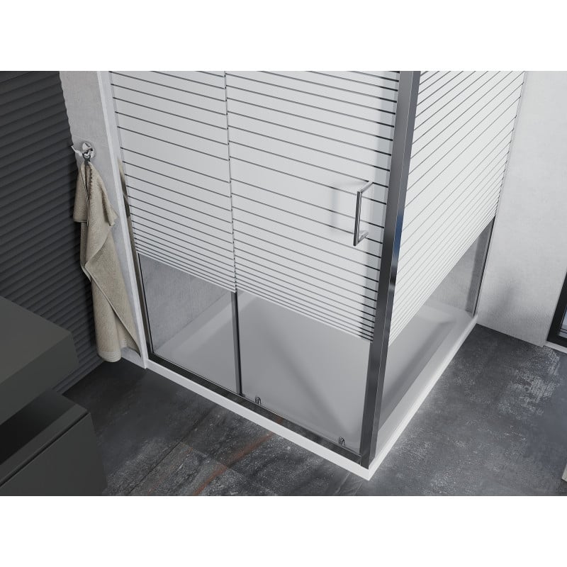 Mexen Apia cabine de douche coulissante 90 x 90 cm, bandes blanches, chrome + receveur plat - 840-090-090-01-20-4010