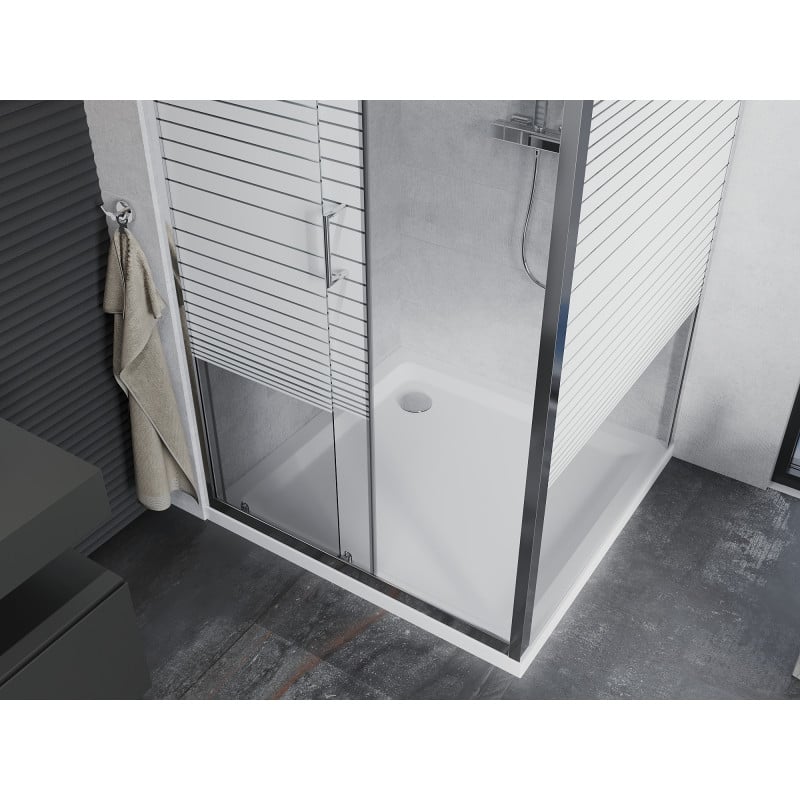 Mexen Apia cabine de douche coulissante 90 x 90 cm, bandes blanches, chrome + receveur plat - 840-090-090-01-20-4010