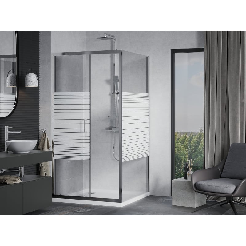 Mexen Apia cabine de douche coulissante 90 x 90 cm, bandes blanches, chrome + receveur plat - 840-090-090-01-20-4010
