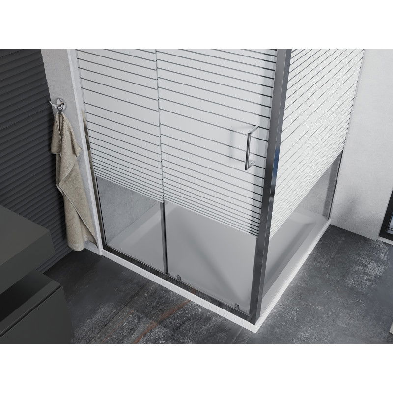 Mexen Apia cabine de douche coulissante 100 x 100 cm, bandes blanches, chrome + receveur plat - 840-100-100-01-20-4010