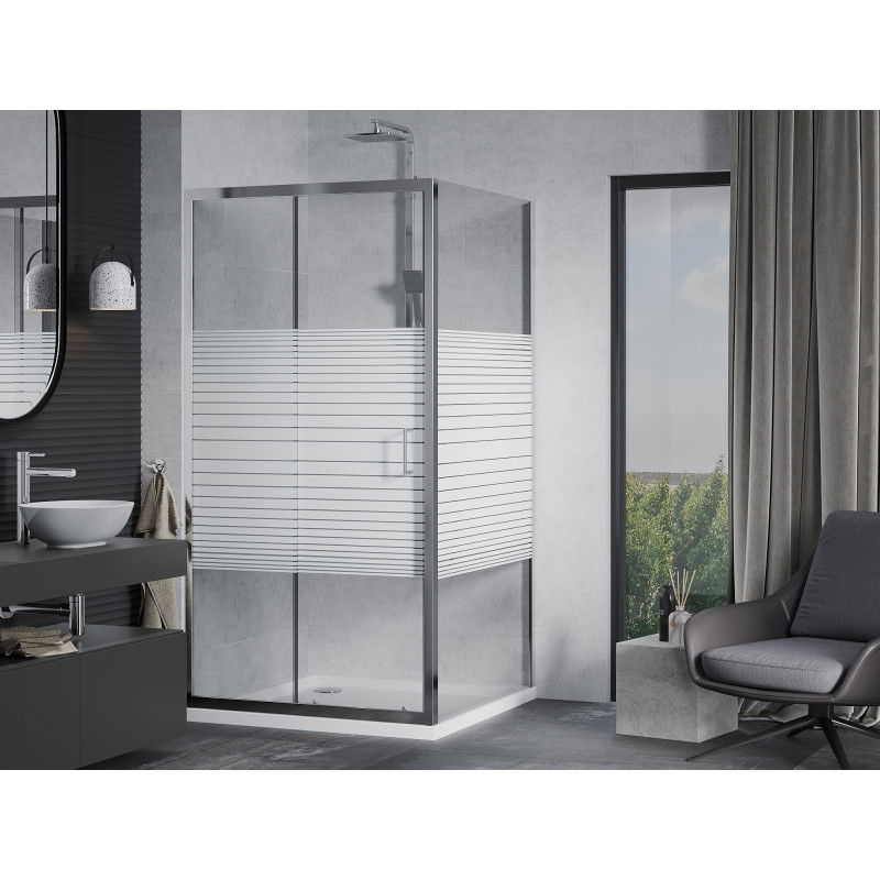 Mexen Apia cabine de douche coulissante 100 x 100 cm, bandes blanches, chrome + receveur plat - 840-100-100-01-20-4010