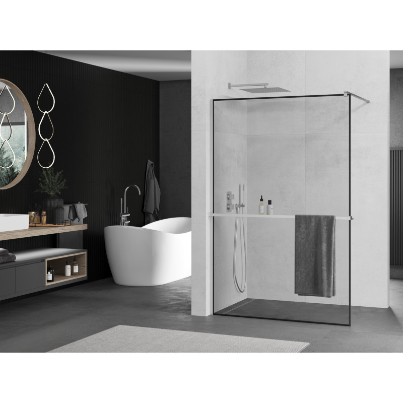Mexen Kioto+ paroi de douche avec étagère Walk-in 100 x 200 cm, cadre noir, chrome - 800-100-121-01-70