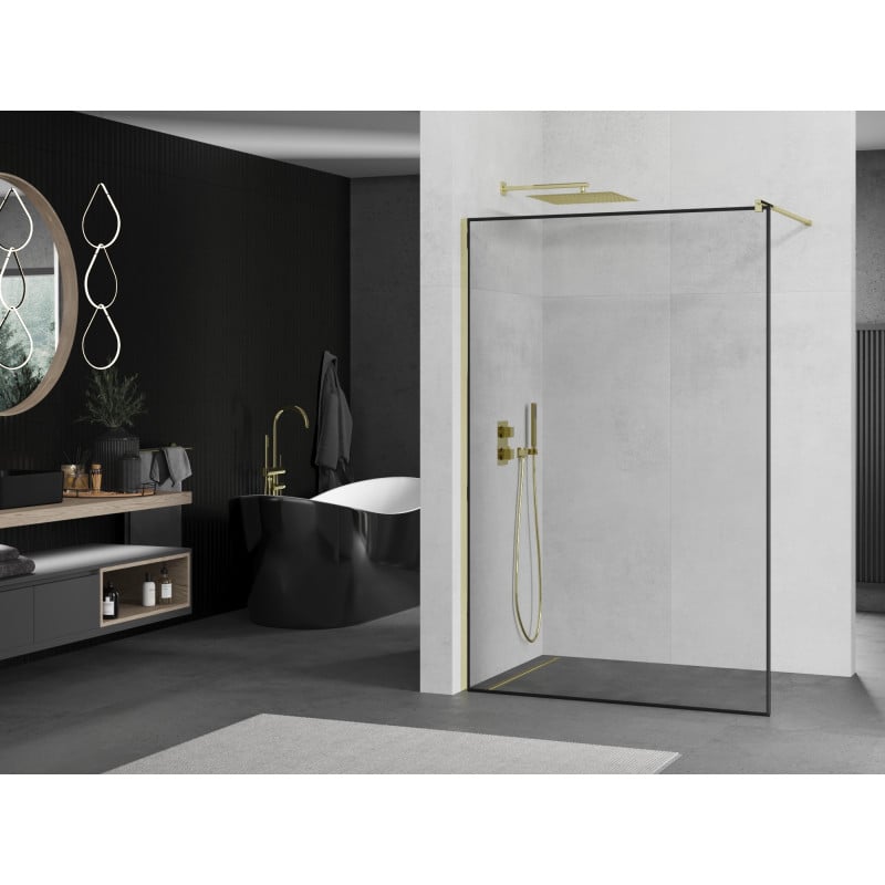 Mexen Kioto paroi de douche Walk-in 130 x 200 cm, cadre noir 8 mm, doré - 800-130-101-50-70