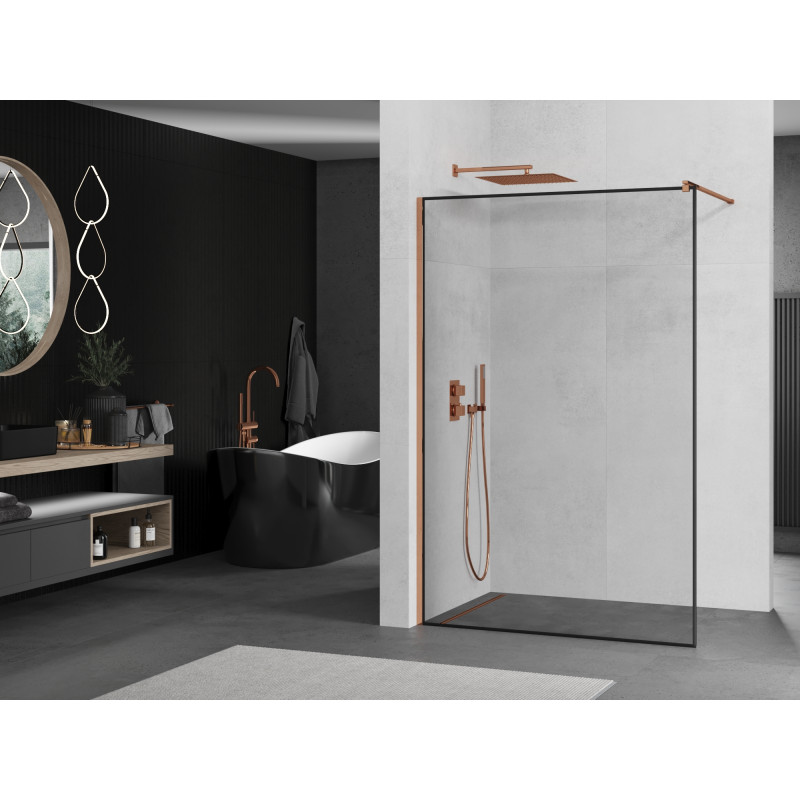 Mexen Kioto paroi de douche Walk-in 50 x 200 cm, cadre noir 8 mm, or rose - 800-050-101-60-70