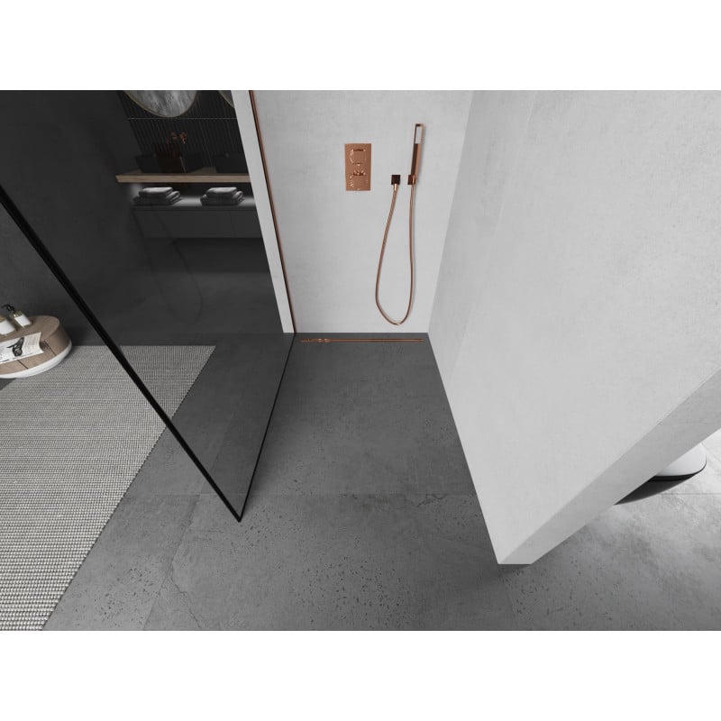 Mexen Kioto paroi de douche Walk-in 110 x 200 cm, cadre noir 8 mm, or rose - 800-110-101-60-70