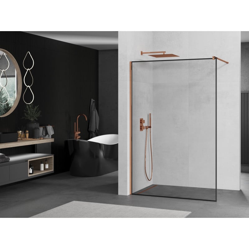 Mexen Kioto paroi de douche Walk-in 110 x 200 cm, cadre noir 8 mm, or rose - 800-110-101-60-70
