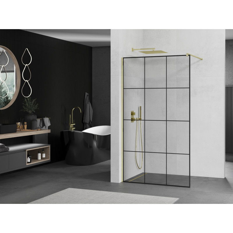 Mexen Kioto paroi de douche Walk-in 110 x 200 cm, grille noire 8 mm, dorée - 800-110-101-50-77