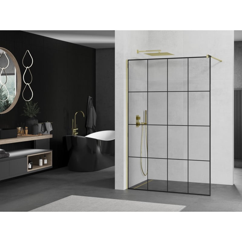 Mexen Kioto paroi de douche Walk-in 130 x 200 cm, grille noire 8 mm, or - 800-130-101-50-77