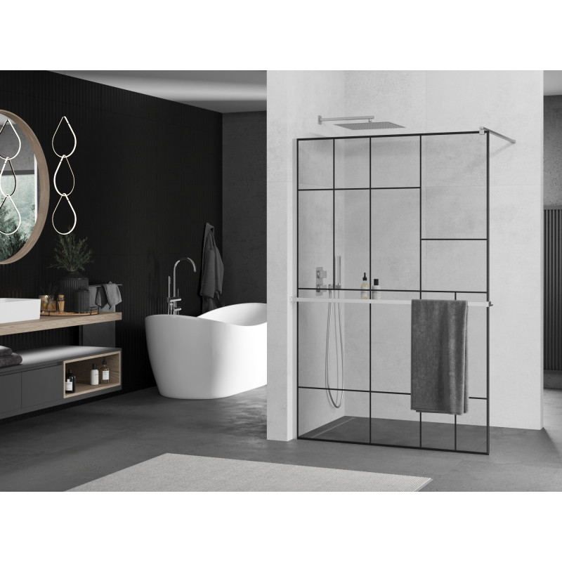 Mexen Kioto+ paroi de douche avec étagère Walk-in 100 x 200 cm, motif noir, chrome - 800-100-121-01-78