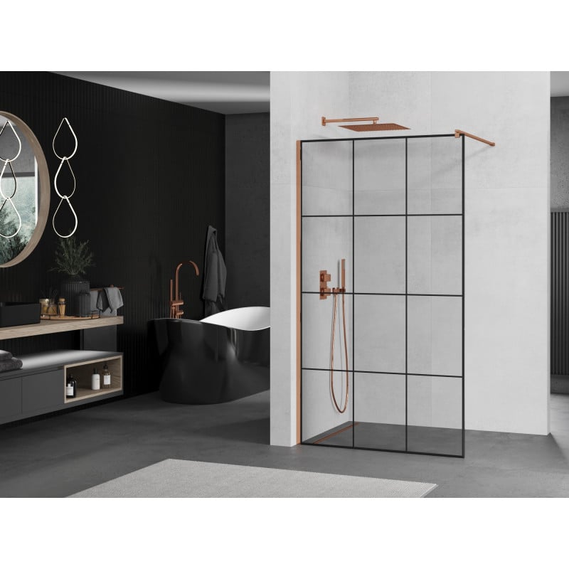 Mexen Kioto paroi de douche Walk-in 110 x 200 cm, grille noire 8 mm, or rose - 800-110-101-60-77
