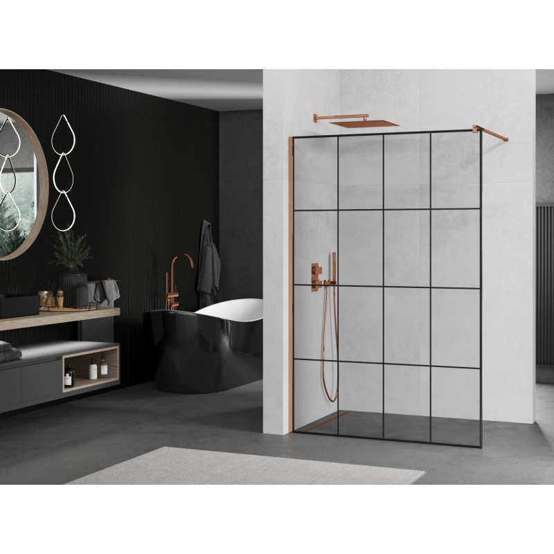 Mexen Kioto Paroi de douche Walk-in 140 x 200 cm, grille noire 8 mm, or rose - 800-140-101-60-77